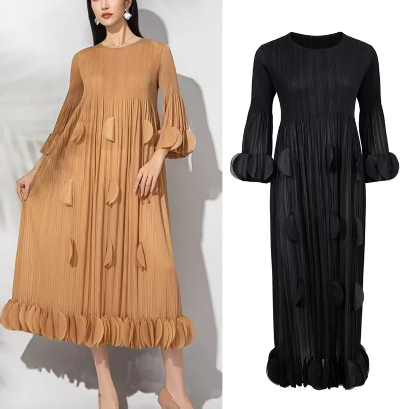 

Miyake Pleated 2026 Spring Dresses New Solid Round Neck Loose Plus Size Piece Piece Seven-minute Sleeve Mid-length Dress Women