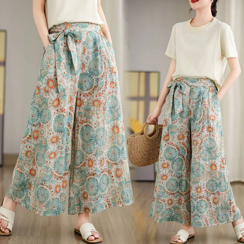 Artistic Vintage Print Loose Wide Leg Pants Nine-Tenths Casual Cotton Linen Skirt Pants Women's Comfortable Elastic Waist
