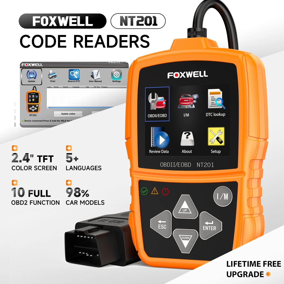 FOXWELL NT201 OBD2 сканер автомобильного кода считыватель света двигателя OBDII EOBD автомобильный компьютер диагностический сканер инструмент авто