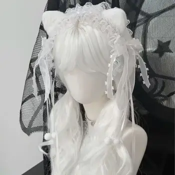 Serre-tête oreilles de chat avec nœud en dentelle blanche, coiffe gothique kawaii, accessoire de coiffure lolita 8 best sales Oreilles de chat blanches - №2