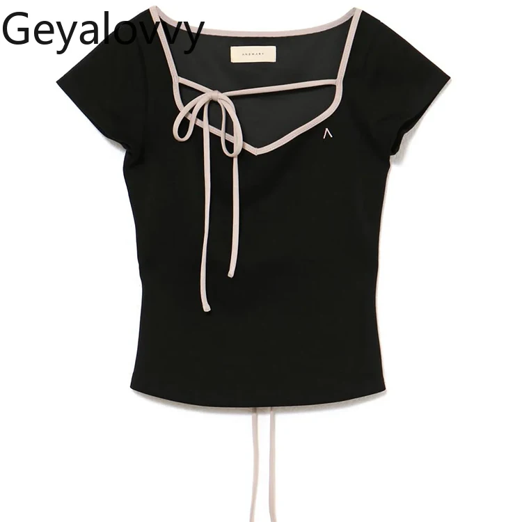 

Japanese Pure Desire Style Tie Neck Backless Stretch Short Sleeve T-Shirt Summer New Sweet Cute Versatile Slim Fit Top for Girls