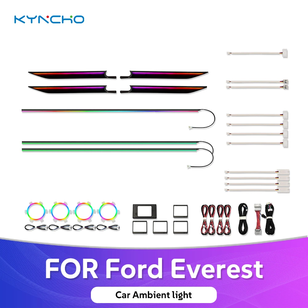 KYNCHO For Ford Everest LED Car Ambient Light Kit 64 Colors RGB Bluetooth App Control Symphony Auto Interior Lighting