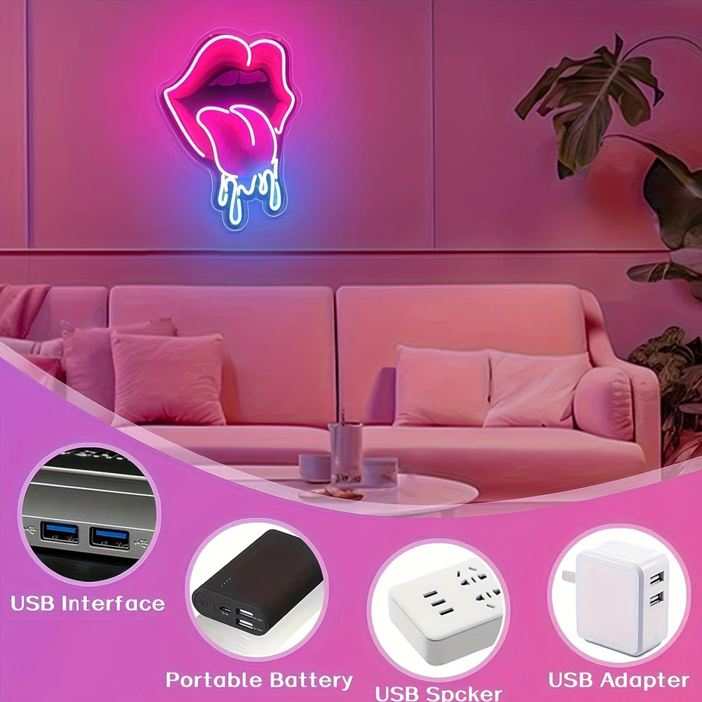 Playful Lips LED Neon Sign | USB-Powered Vibrant Wall Decor for Bar, Bedroom & Gaming Room | Non-Provocative Party Lighting for