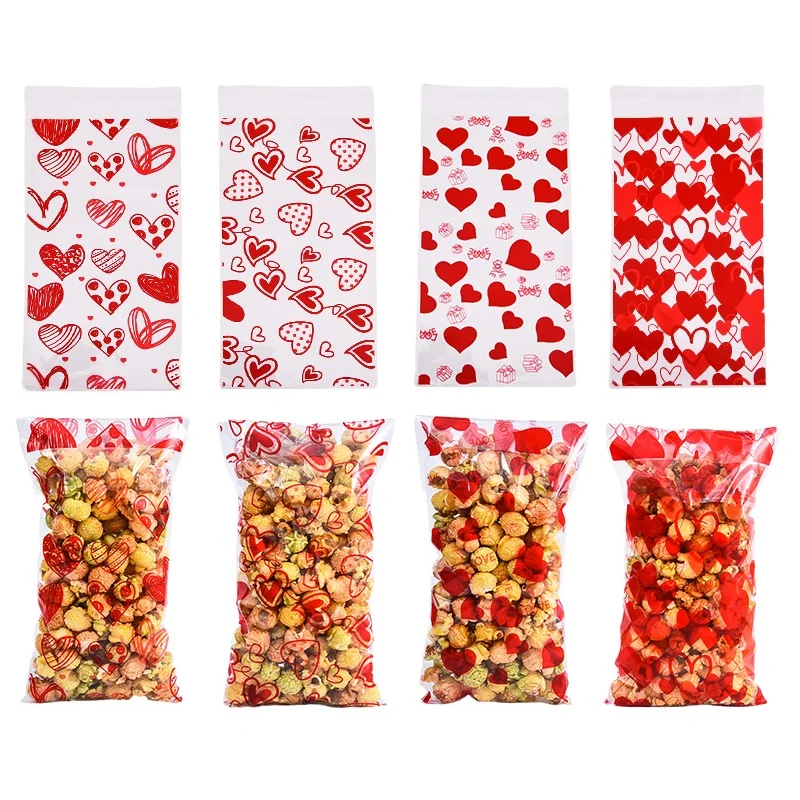 Self Adhesive Plastic Bags Heart Printed Transparent Cellophane Bag Happy Valentines Day Wedding Party Packaging Supplies 50pcs