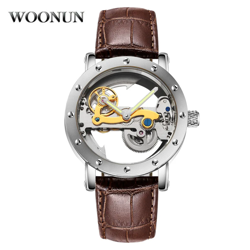 Luxury Brand WOONUN Leather Strap Transparent Dial Golden Case Mens Watches Automatic Mechanical Orologio Men