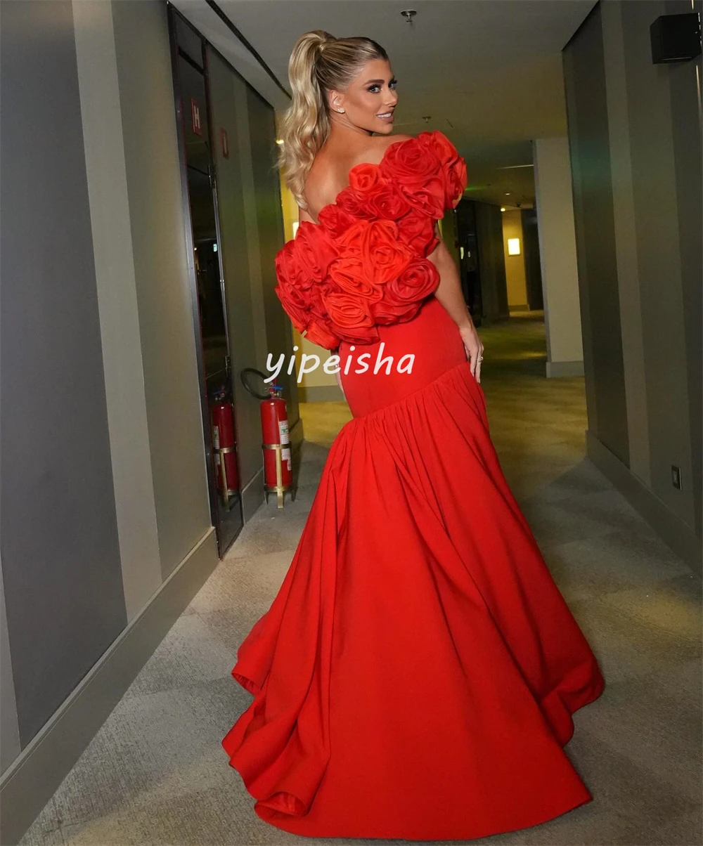 

Customized Formal Women Jersey Rhinestone Handmade Flower Mermaid Evening Dresses Fashion Strapless Sleeveless Long Prom Dresses