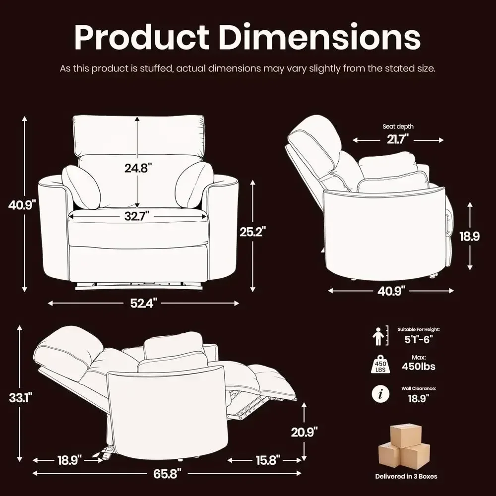 Oversized 450lbs Power Recliner Chair, 52 Wide, Chenille Fabric, USB & Type-C Ports, 2 Pillows, Cloud Comfort for Living Room