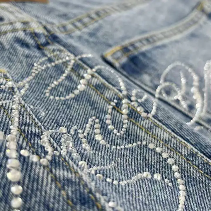 American Sle Spicy Girl Heavy Embellied Casual Denim Jeans Damen Retro Design Sensation Bodenlange Hose mit weitem Bein