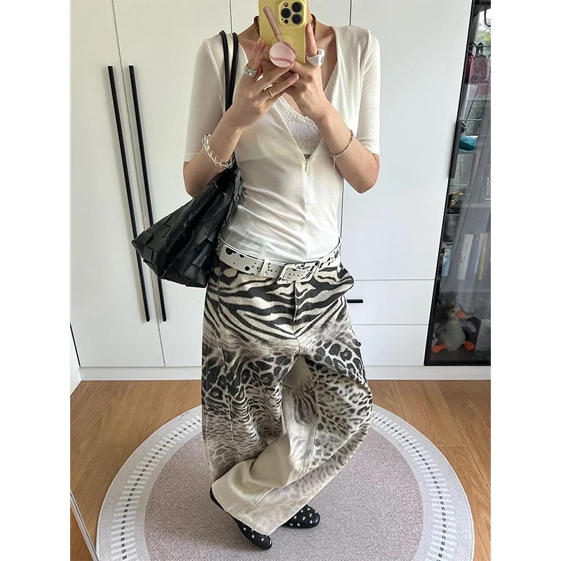 

Женские винтажные мешковатые джинсы с леопардовым градиентным принтом Y2k Harajuku, джинсовые брюки большого размера, широкие брюки 2000-х, 90-х, одежда