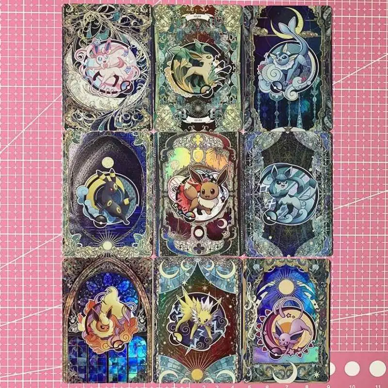 9 sztuk/zestaw Diy Self Made PTCG Eeveelution karta kolekcjonerska refrakcja kolor Flash Eevee klasyczne karty Anime zabawki prezentowe
