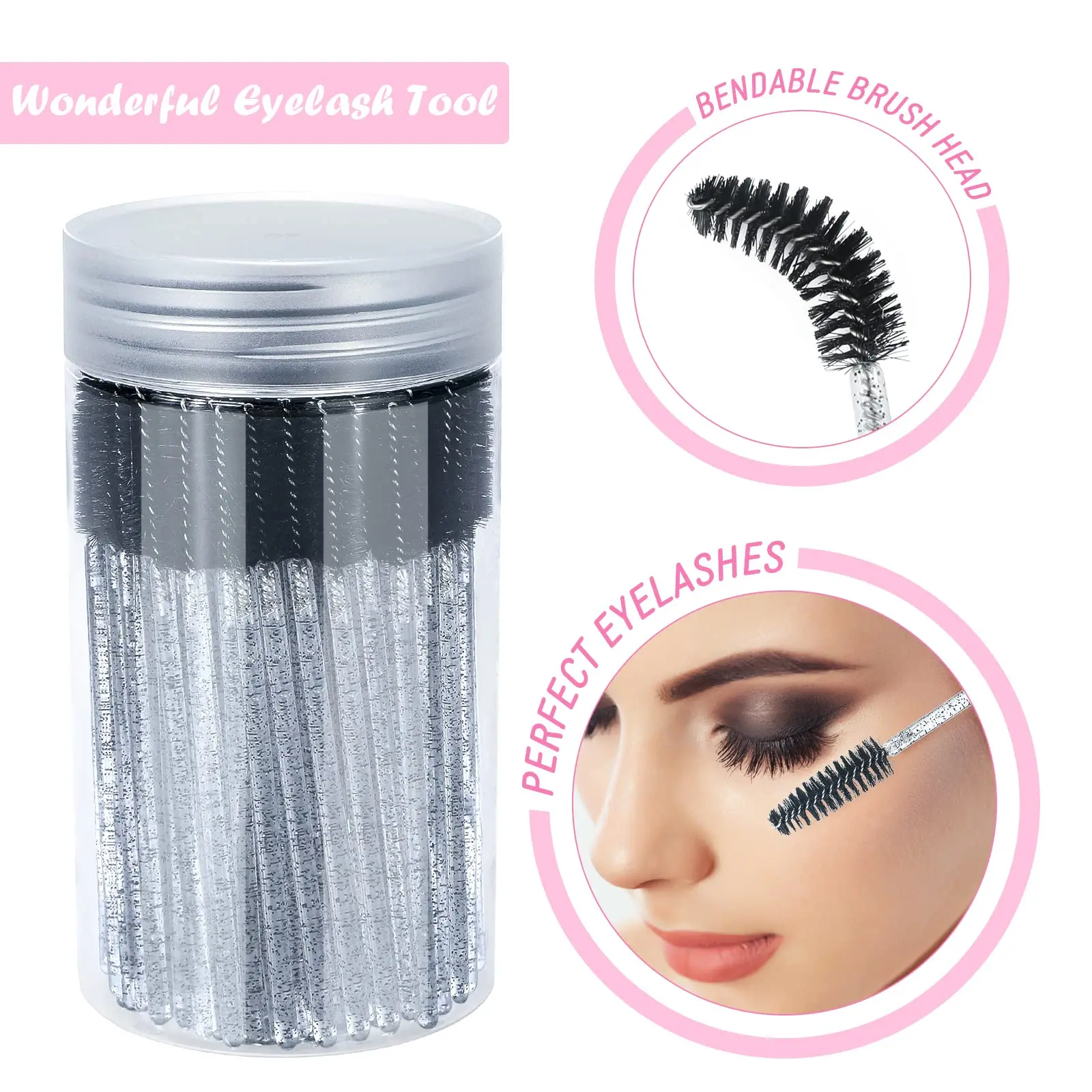 Brosse à cils 100 pièces, baguettes de Mascara réglables pour femmes, bobine de cils en cristal, brosse à sourcils avec récipient pour le maquillage