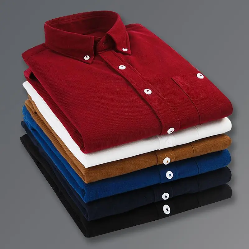 

Мужская рубашка из чистого хлопкового вельвета с длинным рукавом, осенне-зимняя, повседневная, свободного кроя, полностью хлопковая, для мужчин старшего возраста