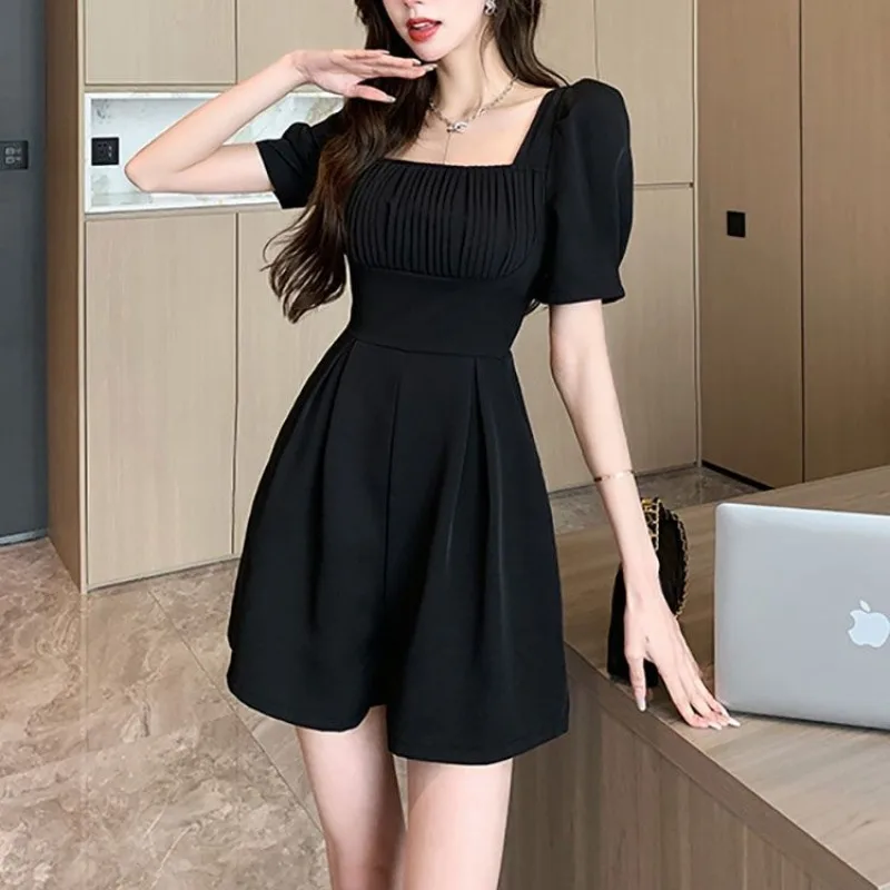 Summer Women\'s Pullover Square Collar Short Sleeve Shirring Solid Color Casual Elegant Fashion Trouser Suits Jumpsuits Rompers