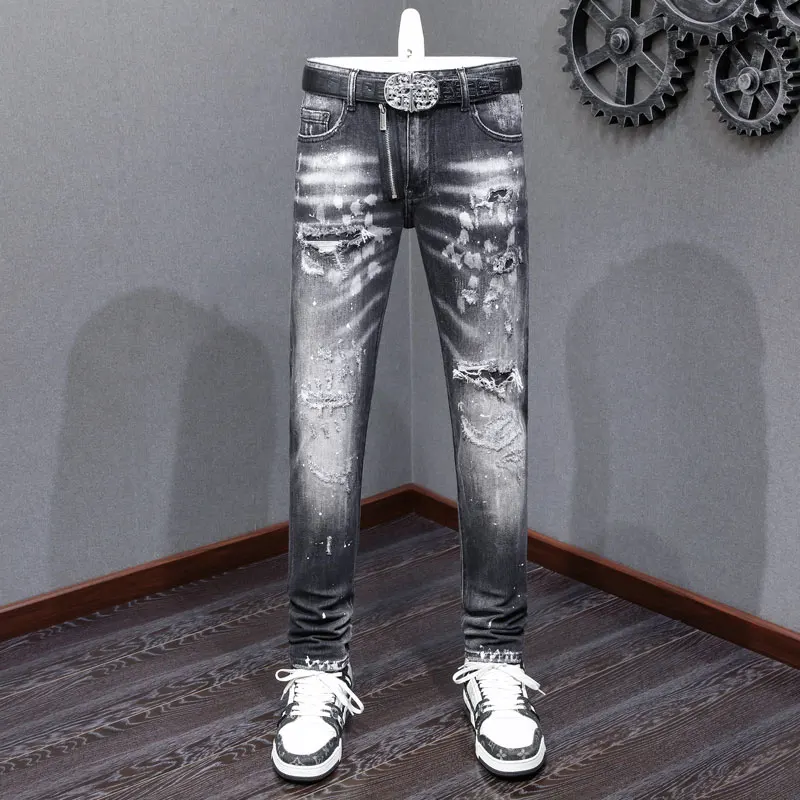 

Designer street fashion men's jeans retro elastic slim fit painted corrugated jeans men's brand hip-hop black gray denim pants H