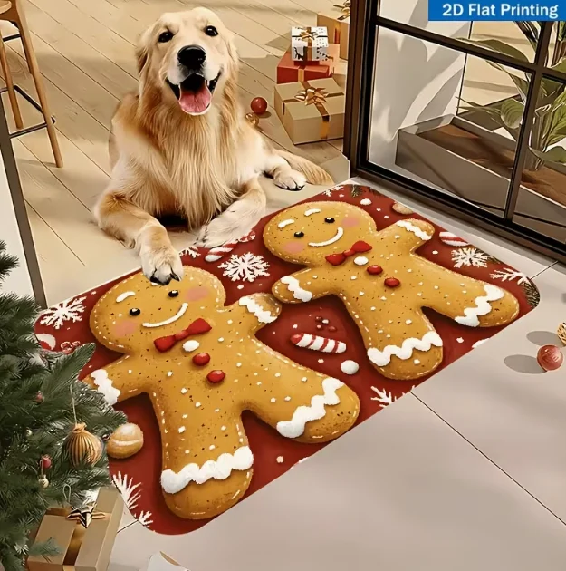 1pc 2D Floor Mat Red Background Gingerbread for Man Red and White Candy Cane and Snowflake Suitable for Front Door Back Door