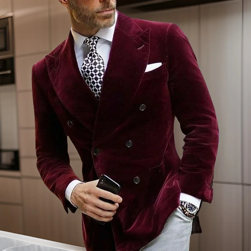 

Casual Wedding Blazer for Men Double Breasted Burgundy Velvet Smoking Jacket Slim Fit Men Suit Fashion Coat 2024 In Stock