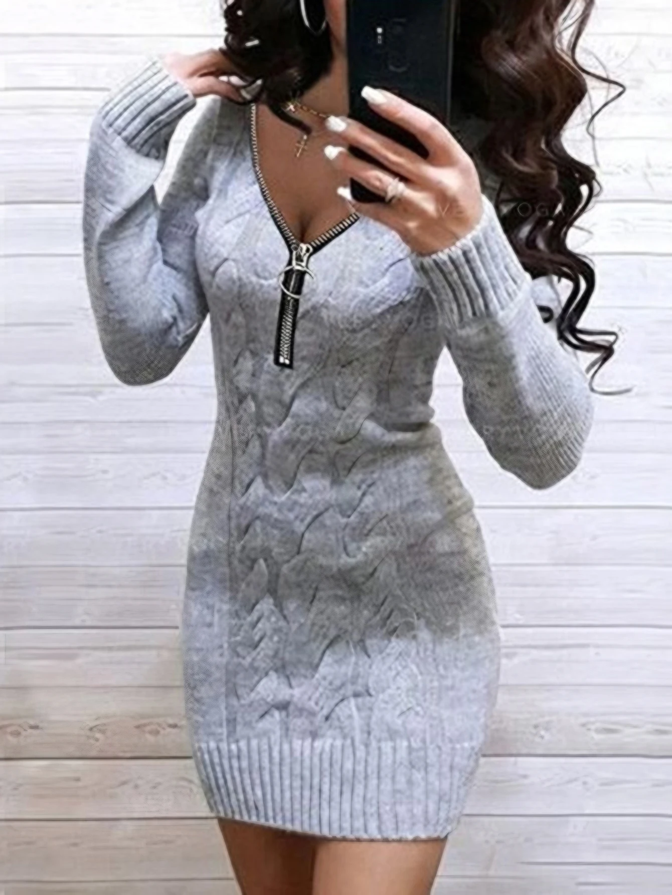 Damska wygodna sukienka codzienna z długim rękawem, dekoltem w serek, jednolita, jesienno-zimowa, z podkreśloną talią i oddzielnym zamkiem błyskawicznym.