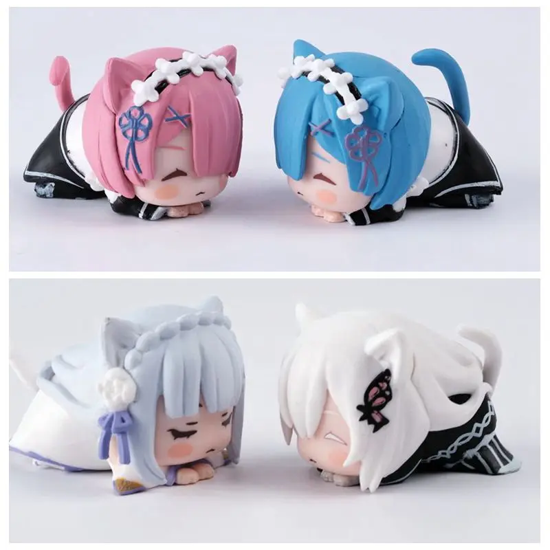 Life In Another World From Scratch Q Version Cat Ears Lying Posture Rem Emilia Figure PVC Ornaments Favorite Model Toy Gifts