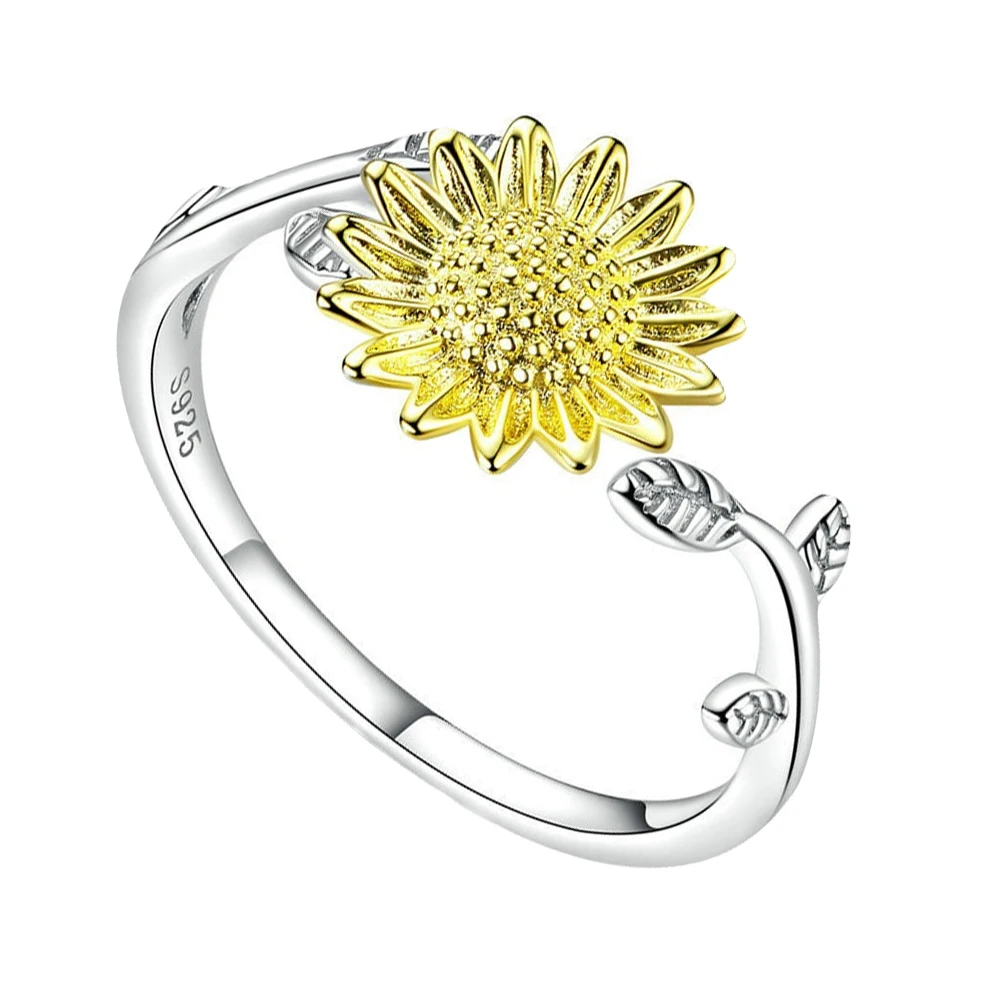 

Sunflower Ring Female Hand Jewelry European Tail Leaf Finger Sterling Open Wedding Girl