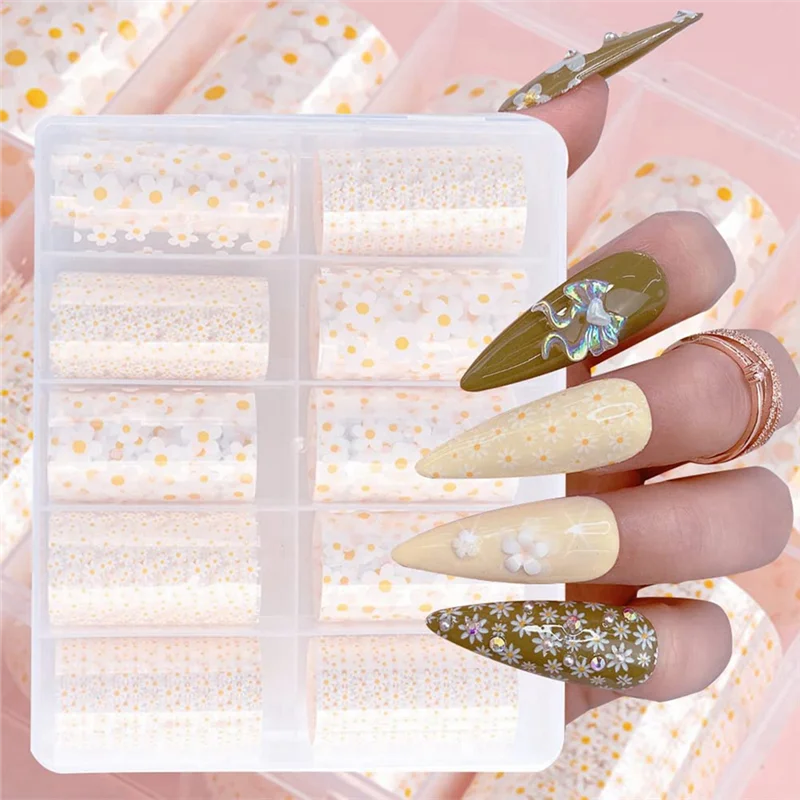 10 rollos de láminas de transferencia de uñas de flores blancas, pegatinas para uñas, calcomanías para decoración de uñas, tema Floral de primavera y verano, transferencia de láminas para uñas-Ho