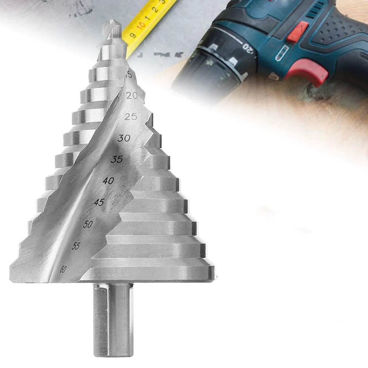 6-60mm Step Drill Bit 12.5mm/0.5” Shank 4241 HSS Spiral Groove Drill Bit for Wood, Plastic, Thin Metal Sheet