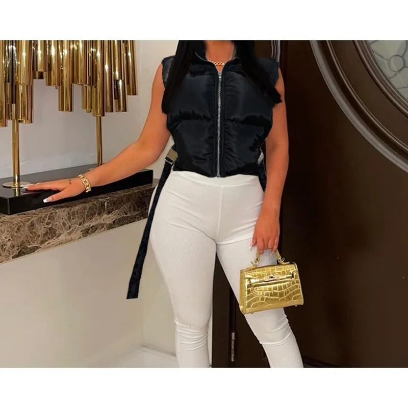 Sleeveless Vest Coat Woman 2026 Autumn Summer  Trade New Dark Slim Stand Up Collar Zipper Metal Buckle Strap Short Jacket Female
