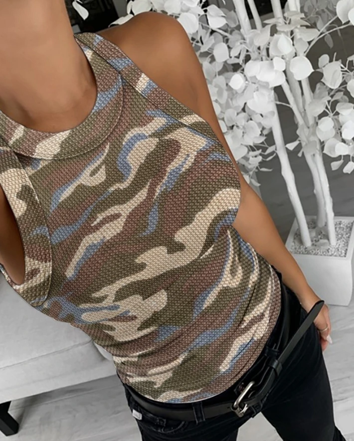 Waffle knitted camouflage printed round neck sleeveless vest slim fit women's fashionable casual top 2025 spring/summer new item