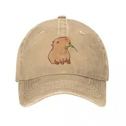 Vintage Capybara con una foglia mangia i tuoi berretti da Baseball verdi Unisex Distressed Washed Casquette Dad Hat Funny Capybara Caps Hat