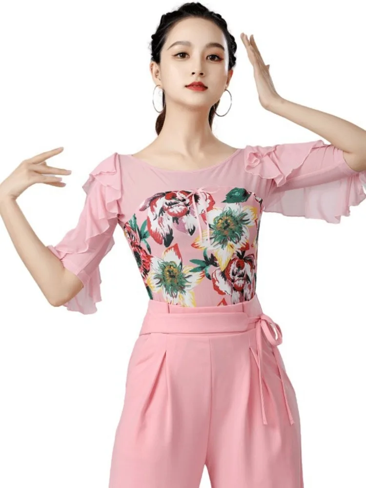 Mesh Ballroom Waltz Dance Rompers Dancewear Jazz Flowers Standard Stage Costume Luxury Latin Women Ruffle Sleeve Urban Top