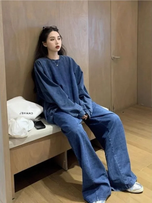 

Мужской повседневный комплект из двух предметов: худи свободного кроя и джинсы, весенний сезон, длинный рукав, длинные брюки, молодежный стиль