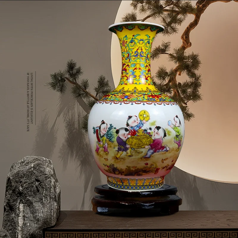 35cm/Golden Jingdezhen ceramics, Chinese style enamel colored vase decorations, home decor, living room, antique rack, vase inse