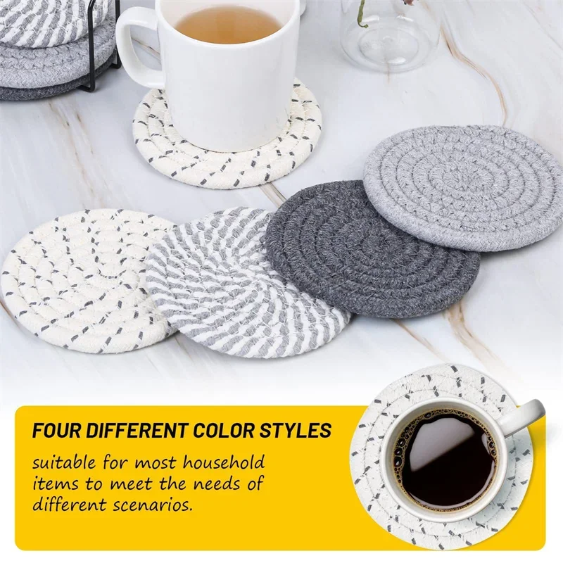 

8Pcs Round Woven Coaster Set with Stand High Temperature Resistant Casserole Mats Thickened Heat Insulation Coffee Tea Coasters