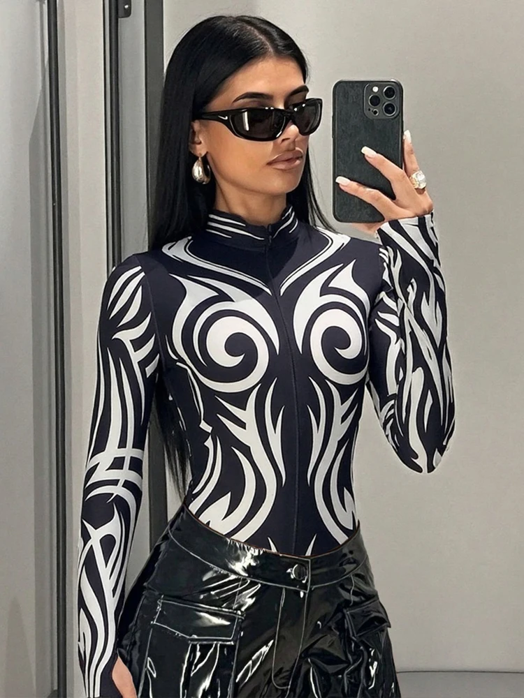 

Whatiwear Contrast Stripe Bodysuits Woman Zip Turtleneck Full Sleeve Skinny High Stretch Hot Girls Street Wild Style Bodycon