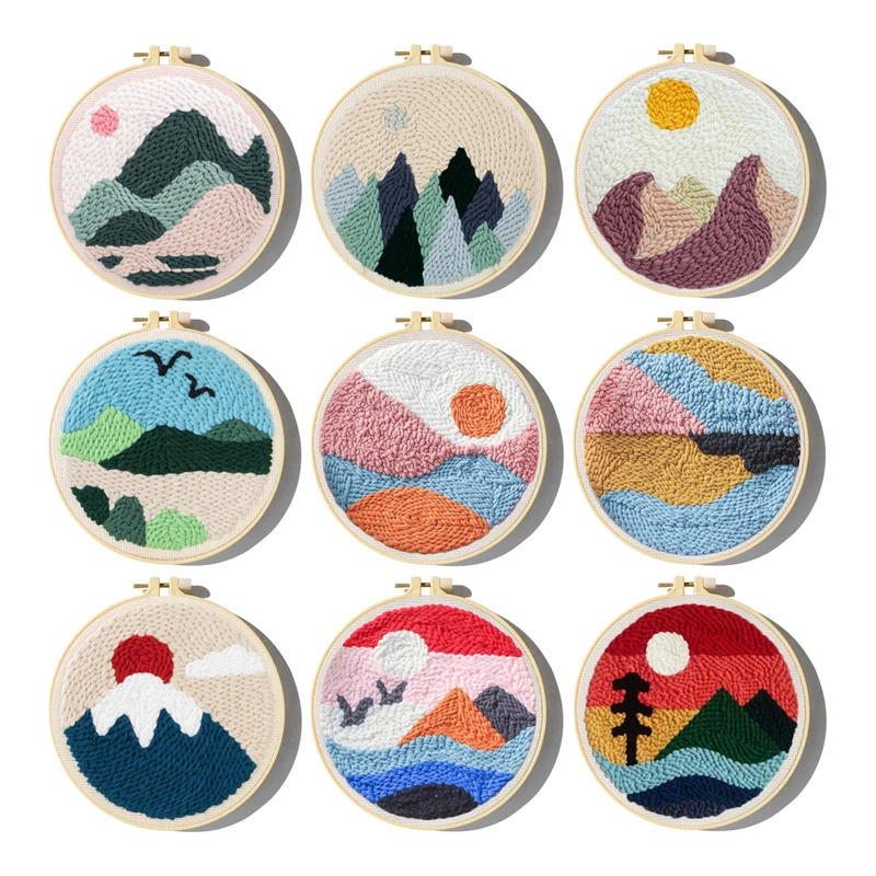 Mountains Scenery Punch Needle Embroidery Kit with Yarn for Beginners DIY Needlework Wool Work Decorative Paintings Home Decor