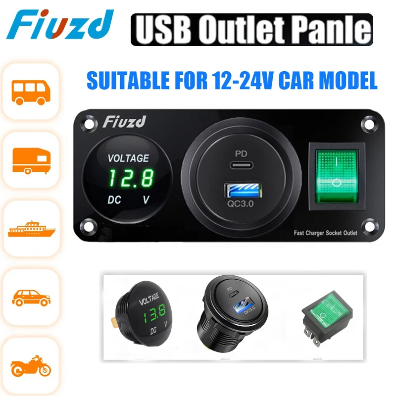 

On/Off Charger Outlet Socket Panel QC 3.0 Dua 12V USB Power Outlet Car Voltmeter Cigarette Lighter Socket Switch