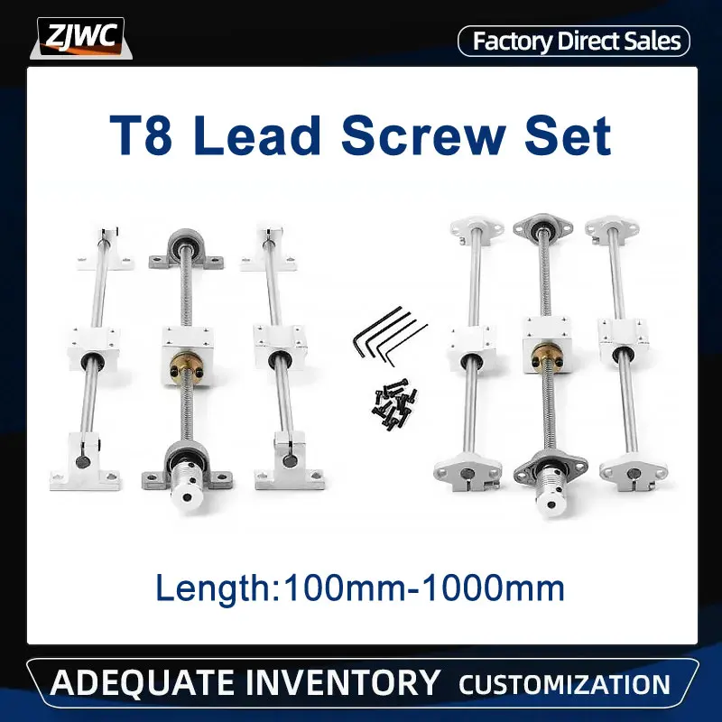 Impressora Guia Ferroviário Conjunto t8 Parafuso de Chumbo Comprimento 100 1000 mm Mais Eixo Linear Mais Kfl08 Kp08 Sk8 Shf8 Sc8uu Mais Porca de Acoplamento 3d