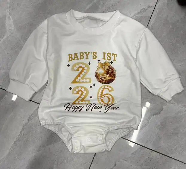 Infant Baby New Years Sweatshirt Romper Fashionable Letters Printed Round Neck Long Sleeve Bodysuits Jumpsuit Clothes