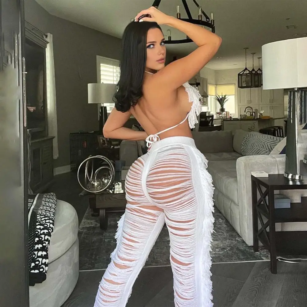 Knit Pants Halter Top Set Stylish Women\'s Beach Vacation Crop Top Pants Set with Tassel Detailing Lace-up Halter Neck High Waist
