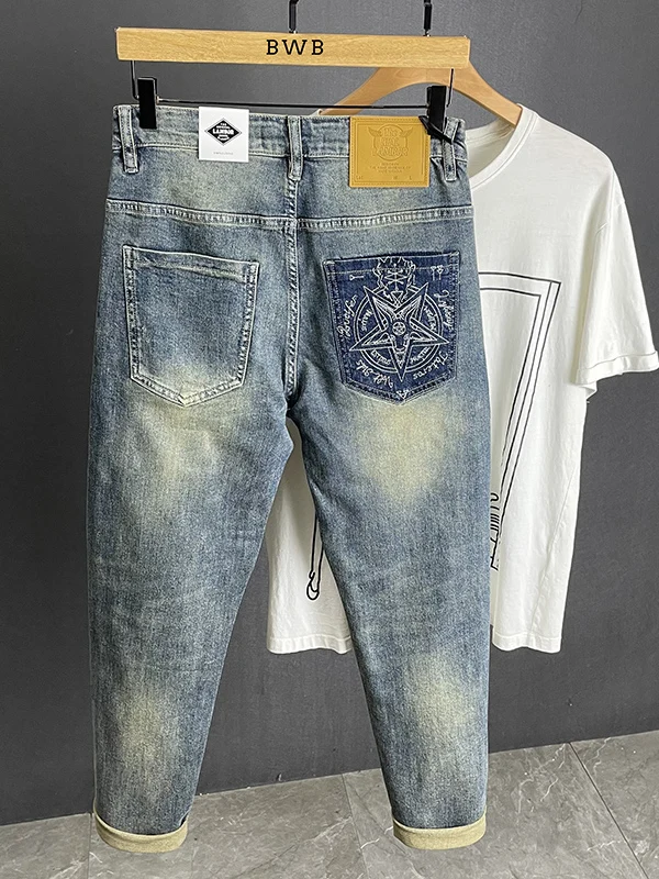 

Модные мужские летние тонкие джинсы прямого кроя в американском стиле, синие, повседневные, эластичные, из хлопкового денима, длиной 9/10