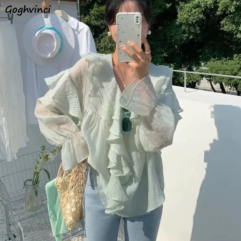 Sunproof Blouse Women Summer Ruffles Temper Korean Elegant Chic All-match Leisure Transparent Creativity Ulzzang Slouchy New