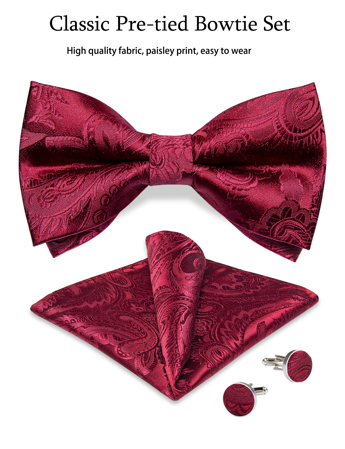 Hochzeitsfliege für Herren, klassisch rot, vorgebundene Fliege, Manschettenknöpfe, Ansteckblume, Set für Partys, Schmetterlingsknoten, Geschenk, Herren-Accessoires – Detail 7