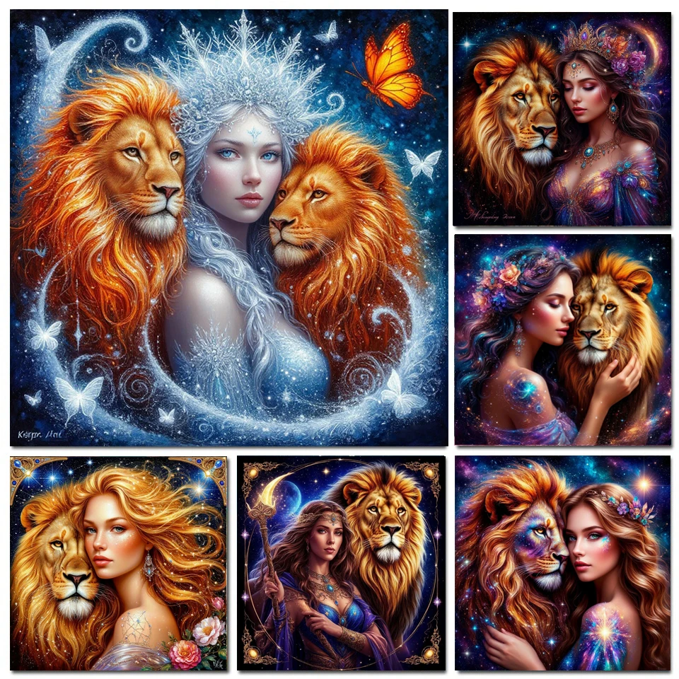 5D Diy Diamond Painting Beautiful Woman And Lion Full Square Round Diamond Mosaic Picture Rhinestones Beauty Beast Cross stitch