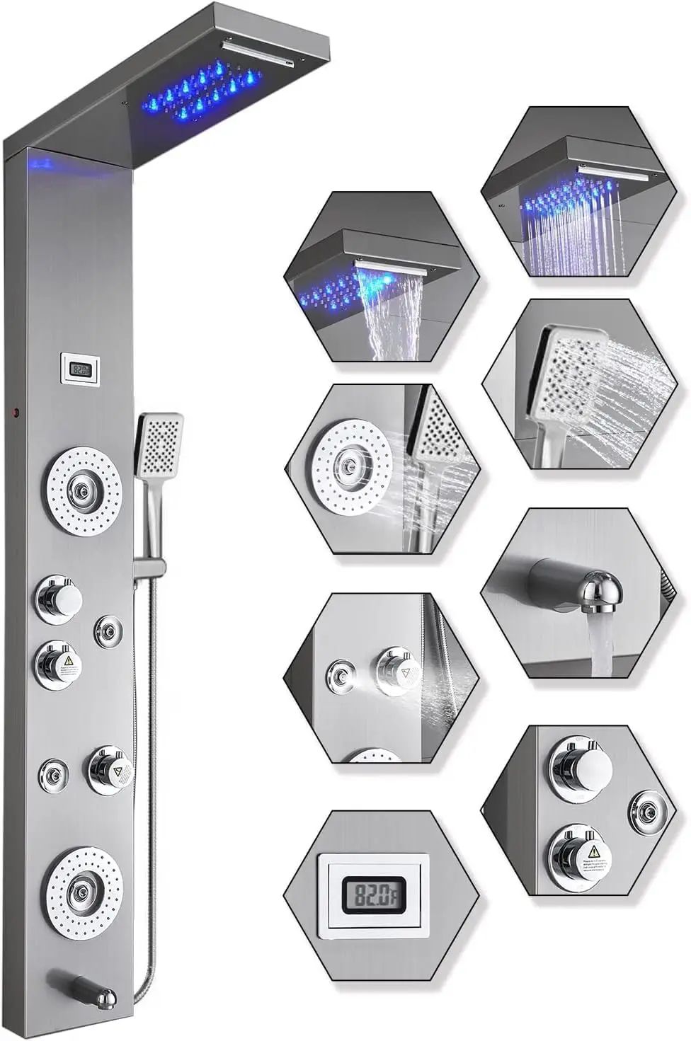 

Stainless Steel Shower Panel Tower System LED Rainfall Waterfall Shower Head 6 Function Faucet Rain Massage System with Body