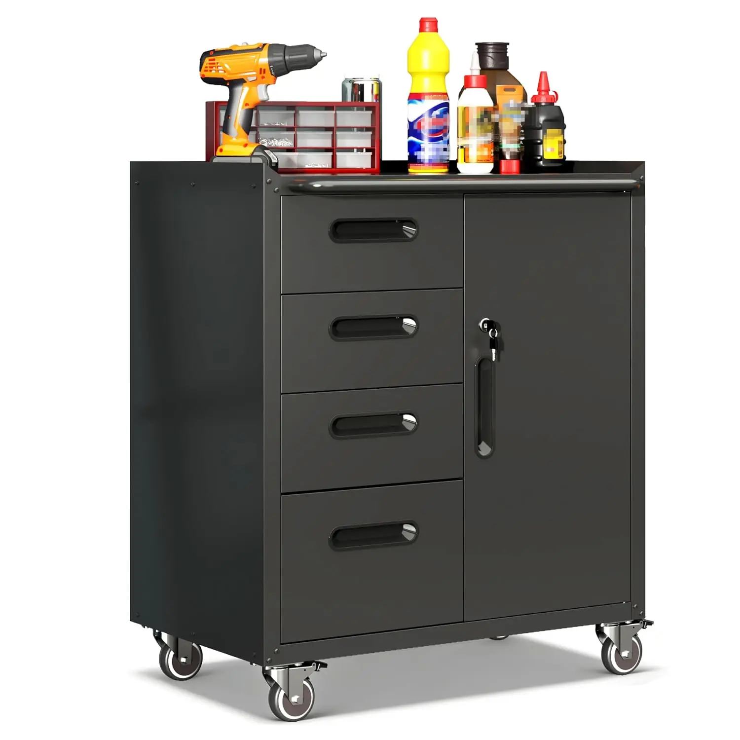 Garage Cabinets,Metal Garage Storage Cabinet with Wheels,Black Lockable Rolling Tool Cabinet with Drawer, Customized