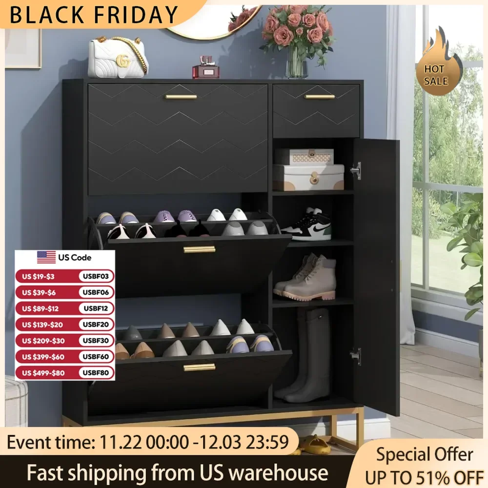 3 Flip Shoe Storage Cabinet with  Drawers and Adjustable Side Cabinet, Narrow Shoes Storage,Free Standing Shoe Organizer