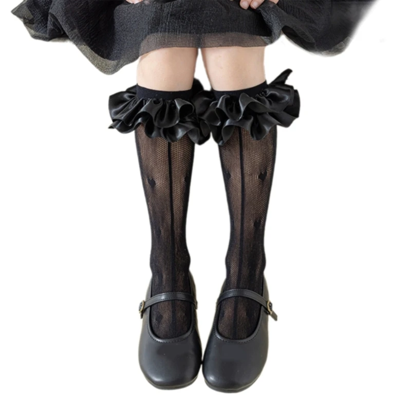 Girls Breathable Under Knee Socks Cotton Lace Trimmed Dress Socks with Decorative Love Heart for Baby Daily Wear 425F