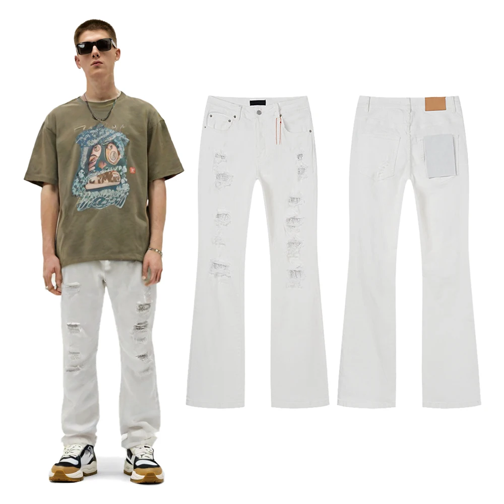 

streetwear clothing y2k Baggy Jeans with Rhinestones Hip hop Street Style Cotton Casual Retro ripped hole flared jeans for men's