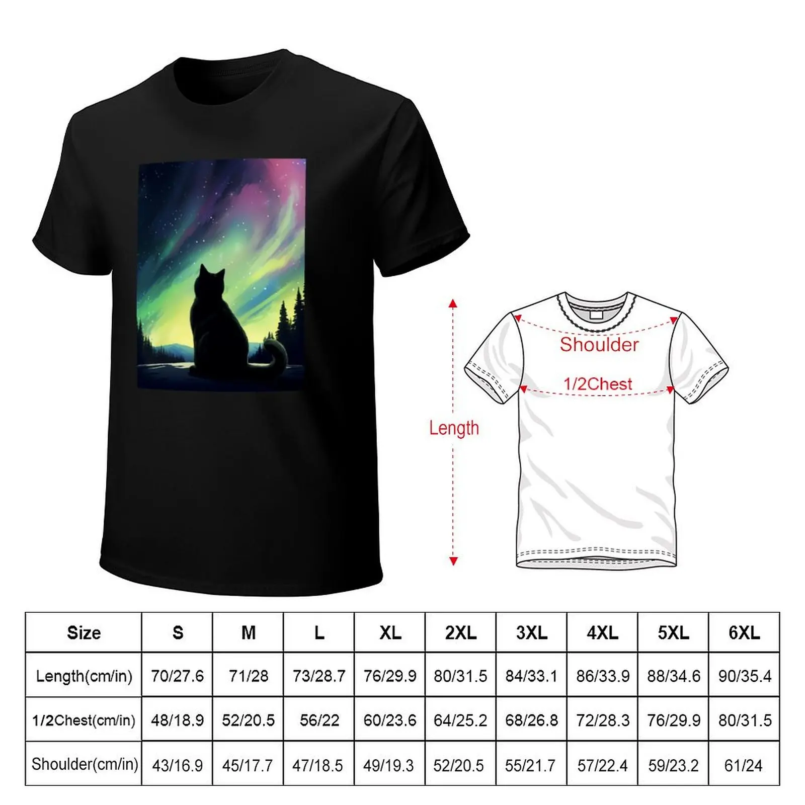 Black Cat Watching the Northern Lights T-Shirt Comfort Stretch Tee Shirt