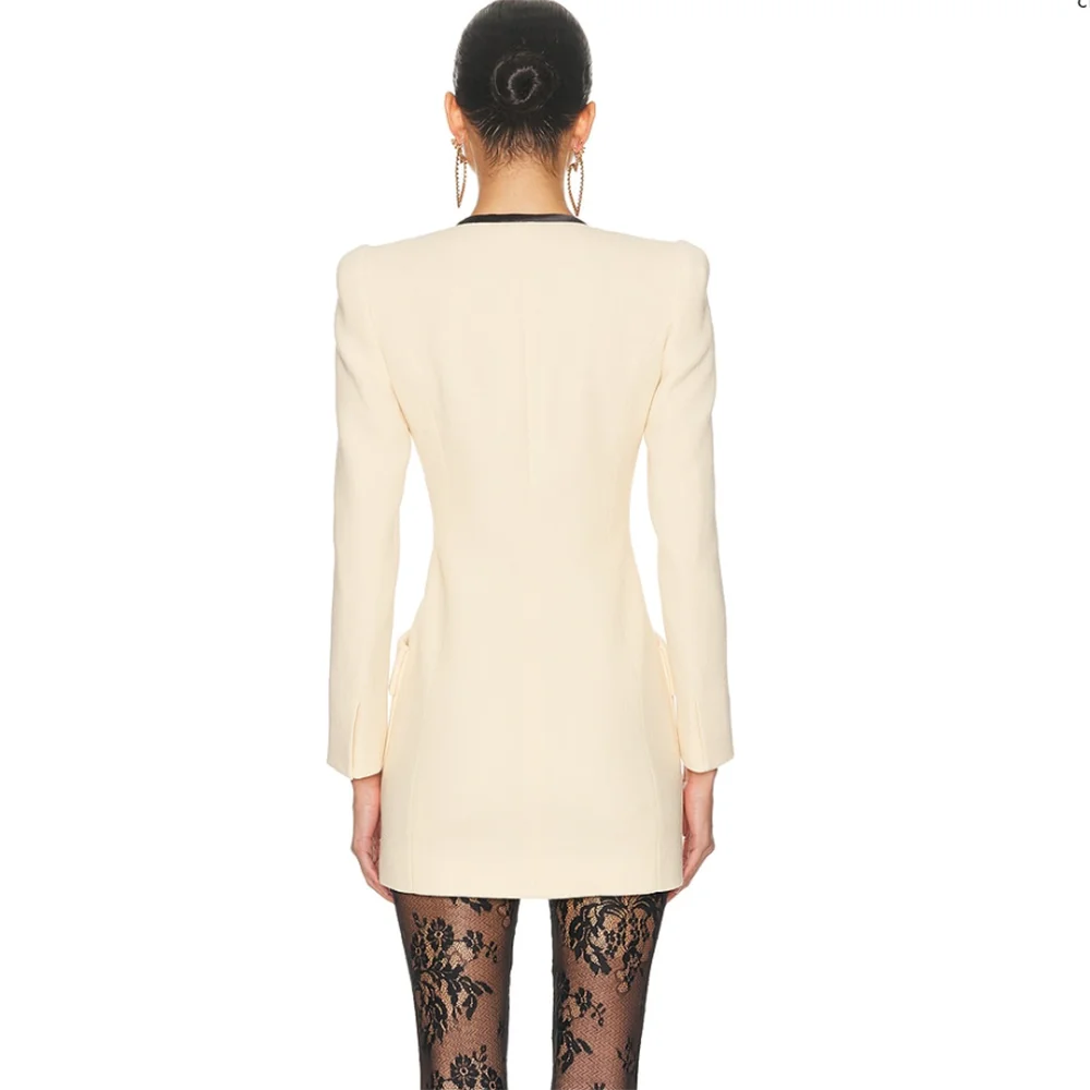 Modern Women's Beige Blazers and Suit Set 1 Piece Midi Jacket Dress with Black Satin Bow Casual Office Business Formal Outfit
