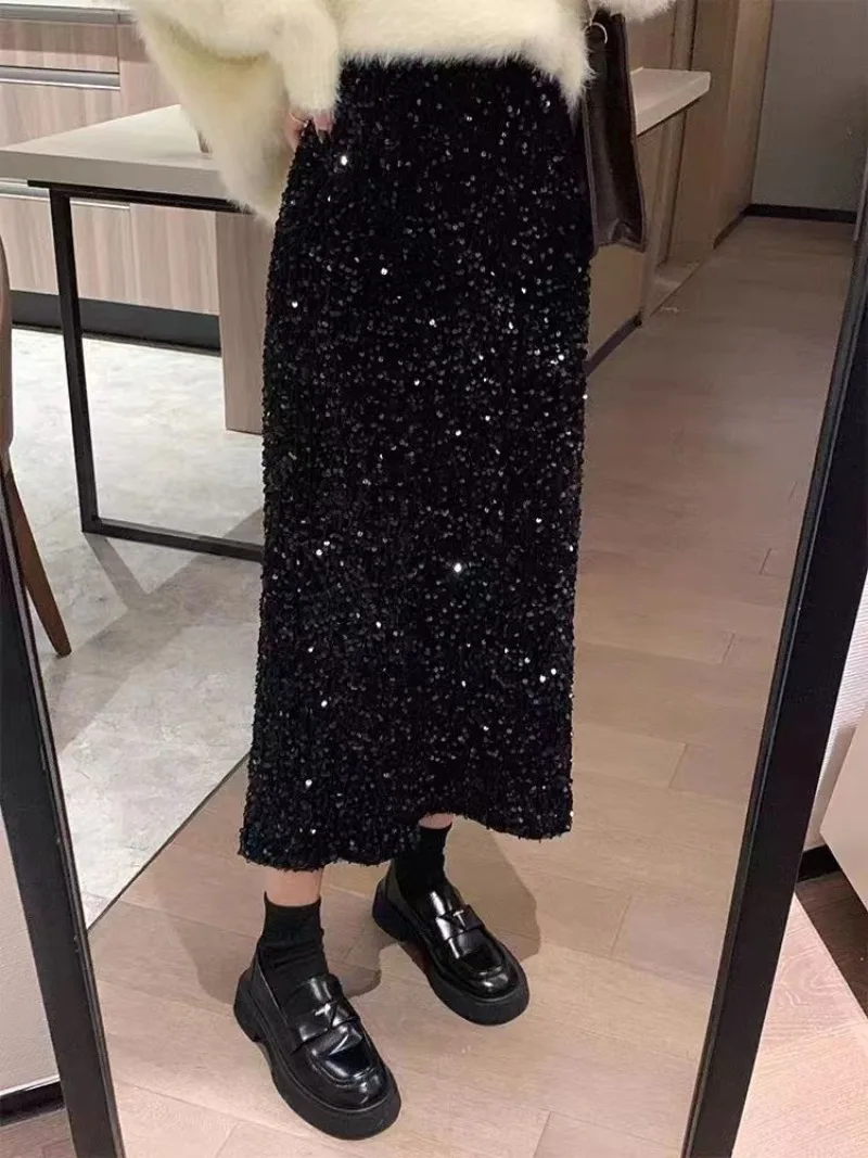 

Women's Sexy Sequins Long Skirt Ladies Elegant Vintage Elastic High Waist Black Back Slit Shiny A Line Skirts Faldas Larga